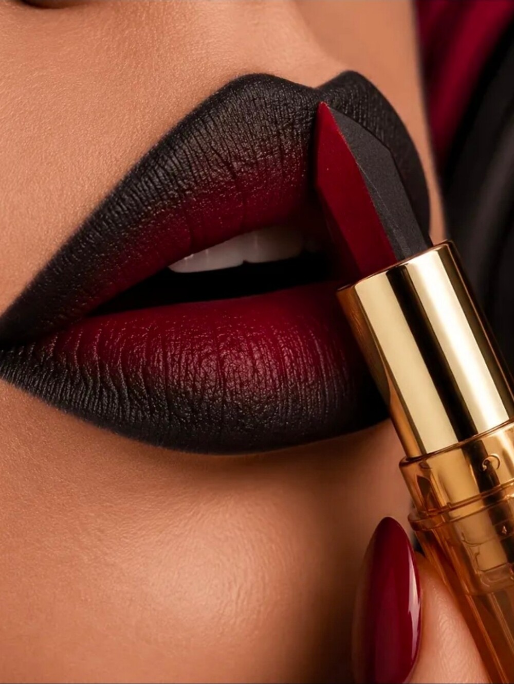 A Gothic Universe Dual Tone Matte Pearl Red Black Bold Lipstick Waterproof NWT